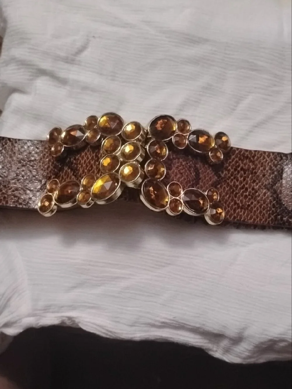 Source Unknown Brown Snake-Print Waist Belt with Amber Gems